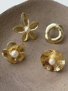 Bộ 1-4 chiếc nhẫn trang trí hình hoa và ngọc trai giả hình học phóng đại, quà tặng cho chị gái, tiệc tùng, hẹn hò, sinh nhật, giáng sinh, trang phục thường ngày - Vàng - Xem 2