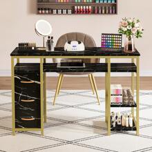 Manicure Table, Nail Desk For Nail Tech, Marbling Texture Manicure Desk With 3 Drawers & Open Shelves For Beauty Salon Spa Black