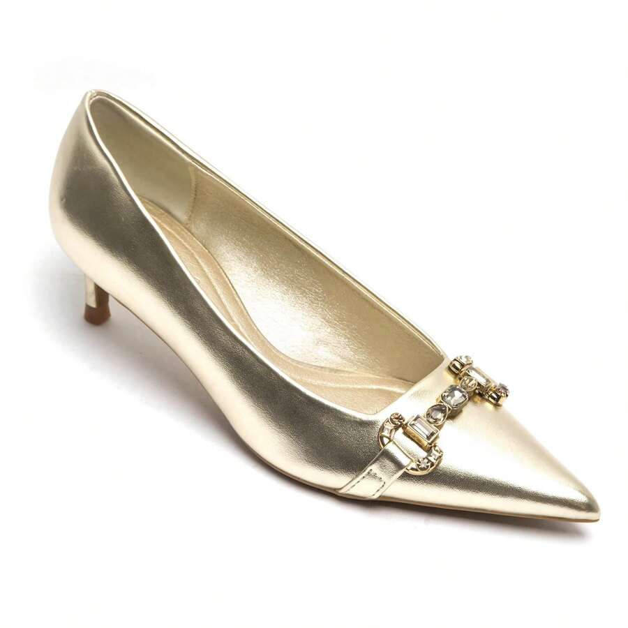 Bomba negra con tacón pequeño adornada con rhinestones y hebillas metálicas - Estilo elegante - Dorado - Ver 1