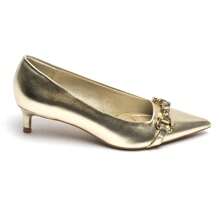 Bomba negra con tacón pequeño adornada con rhinestones y hebillas metálicas - Estilo elegante - Dorado - Ver 2