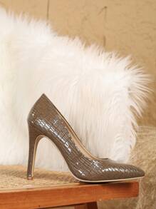 1 双女士纯色蛇皮图案高跟鞋，性感细高跟鞋，2023 年 - 卡其色 - 查看 5