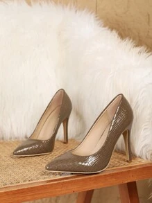 1 双女士纯色蛇皮图案高跟鞋，性感细高跟鞋，2023 年 - 卡其色 - 查看 4