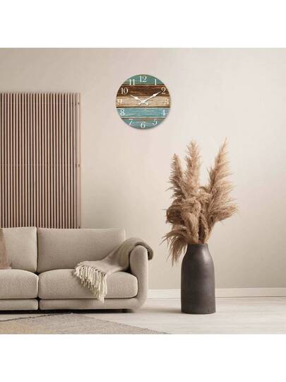 1pc Large Vintage Distressed Faux Wood Grain Pattern Wand Clock, 10 16 Inches Round Silent Battery Operated Klok Living Room, Bedroom, Farmho Kitchen, Home Friends (Batteries Not Included) Room view 5