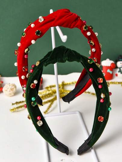 2PCS Christmas Headband With Pearl Knot Headband With Christmas Red And Green Pearl Rhinestone Crystal Jewel Headband Fashion Elegant Wide Top Knot Headband Festive Clothing Gift (Red)