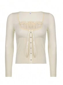 Women Solid Color Classic Tops, Long Sleeve Square Lace Neck Buttoned Ribbed Tops for Spring, Women Clothing - Blanco - Ver 1