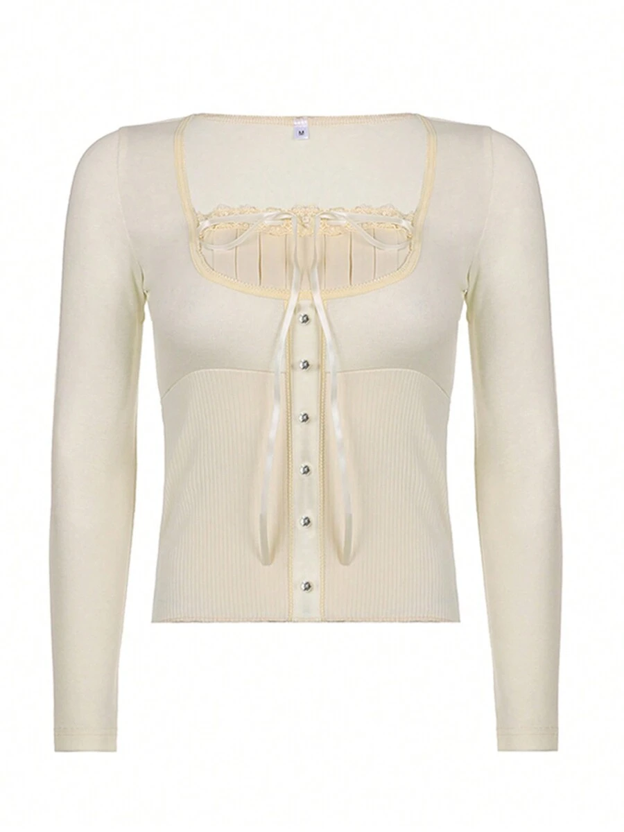 Women Solid Color Classic Tops, Long Sleeve Square Lace Neck Buttoned Ribbed Tops for Spring, Women Clothing - Blanco - Ver 1