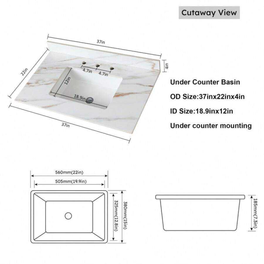 37 Inch Marble Vanity Top, Bathroom Vanity Top With Undermount