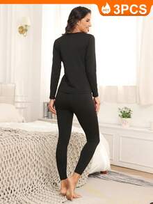 Conjunto de 3 piezas de ropa interior térmica para mujer, calzoncillos largos con forro polar, suave, para clima frío, cálido, pijama de invierno, parte superior e inferior - negro-negro-blanco - Ver 3