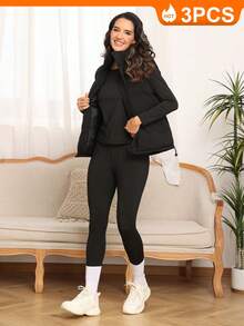 Conjunto de 3 piezas de ropa interior térmica para mujer, calzoncillos largos con forro polar, suave, para clima frío, cálido, pijama de invierno, parte superior e inferior - negro-negro-blanco - Ver 6