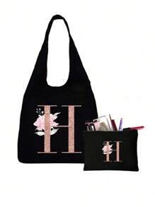 Bộ sản phẩm gồm 1 túi tote màu đen in họa tiết hoa và 1 túi nhỏ màu đen, túi tote in chữ cái A-Z màu hồng in họa tiết hoa + túi đựng mỹ phẩm, túi quà cưới/túi tote cá nhân hóa - màu đen - Xem 16