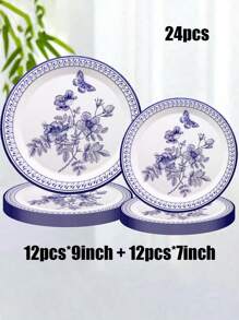 12/24/68件套，一次性餐具，蓝白餐具，蝴蝶主题一次性纸盘，7英寸纸盘，9英寸纸盘，薄纸，纸杯，纸盘，食物托盘，派对托盘 - 彩色 - 查看 11
