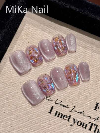 10 Pieces Of Short Square Nail Art Pieces With Flashing Taro Amethyst Cat'S Eye, Simple Elegant And High-End Sense, With Asymmetrical Size Warm Aurora Rhinestones, Random Number And Rhinestone Styles Suitable For Participating In Parties, Dances, Festivals, Gatherings And Other Activities, Removable And Reusable, With 1 Nail File + 1 Piece Of Jelly Glue Press On Nails Nail Supplies Nails