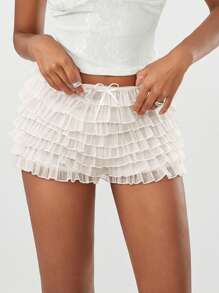 Womens Layered Ruffle Shorts Casual Elastic Waist Bow Front Solid Color Lace Shorts Going Out Pants - 白色 - 查看 3
