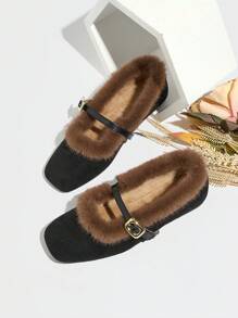 Mocassins femininos de camurça macia com forro de pele, mocassins planos com forro térmico quente, sapatos casuais para ambientes internos com pele de coelho espessada