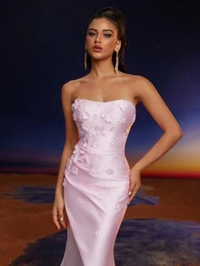 Anymoon 3D手工花卉荷叶边美人鱼伴娘礼服 - 粉色 - 查看 7