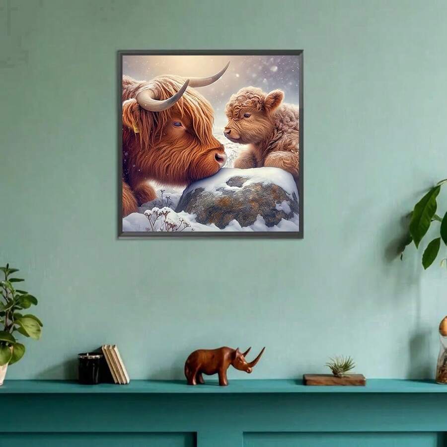 豪华 5D DIY 钻石画套装 - 两头高地牛，动物主题 | 圆形钻石，帆布材质 | 客厅、卧室、办公室无框墙面艺术 | 创意手工礼物 - 彩色 - 查看 1