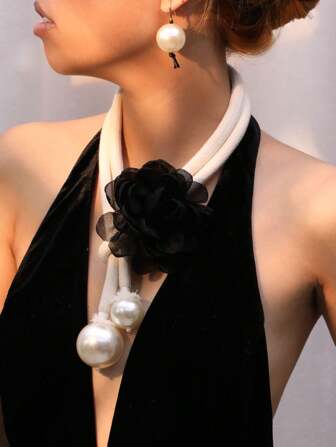 3pcs/Set Exaggerated Retro Big Floral Faux Pearl Pendant Necklace & Earrings Set, Elegant Fashion Sweater Chain Earrings For Daily Wear