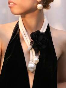 Bộ 3 chiếc/Bộ mặt dây chuyền ngọc trai giả họa tiết hoa lớn cổ điển phóng đại & Bộ khuyên tai, Bông tai xích áo len thời trang thanh lịch để đeo hàng ngày - Đen và trắng - Xem 3