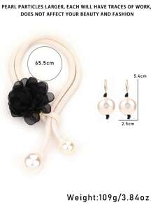 Bộ 3 chiếc/Bộ mặt dây chuyền ngọc trai giả họa tiết hoa lớn cổ điển phóng đại & Bộ khuyên tai, Bông tai xích áo len thời trang thanh lịch để đeo hàng ngày - Đen và trắng - Xem 8