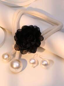 Bộ 3 chiếc/Bộ mặt dây chuyền ngọc trai giả họa tiết hoa lớn cổ điển phóng đại & Bộ khuyên tai, Bông tai xích áo len thời trang thanh lịch để đeo hàng ngày - Đen và trắng - Xem 5