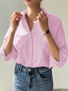 ZANZEA Fashion Women Buttons Long Sleeve Striped Casual Blouse Ladies Office Work Tops Shirt - 粉色 - 查看 3