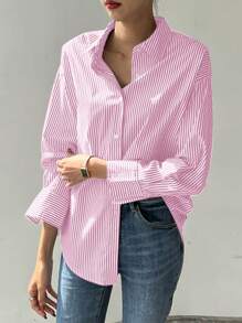 ZANZEA Fashion Women Buttons Long Sleeve Striped Casual Blouse Ladies Office Work Tops Shirt - 粉色 - 查看 1