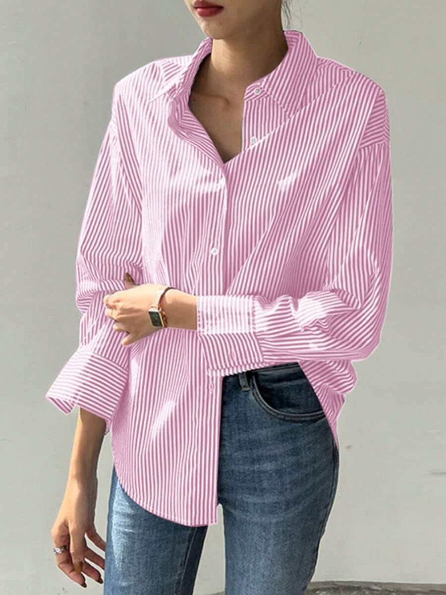 ZANZEA Fashion Women Buttons Long Sleeve Striped Casual Blouse Ladies Office Work Tops Shirt - 粉色 - 查看 1