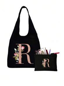Bộ sản phẩm gồm 1 túi tote màu đen in họa tiết hoa và 1 túi nhỏ màu đen, túi tote in chữ cái A-Z màu hồng in họa tiết hoa + túi đựng mỹ phẩm, túi quà cưới/túi tote cá nhân hóa - màu đen - Xem 19