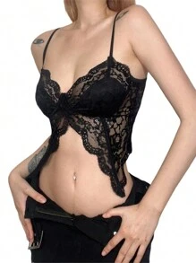 Women Lace Camisole, Sleeveless See-Through Slit Slim Summer Bralette For Club Party - 黑色 - 查看 5