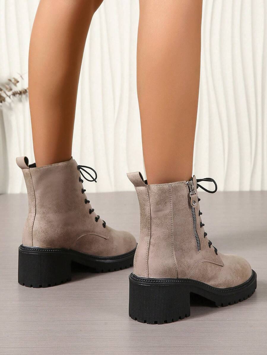 Women's Fall Fashion LaceUp Side Zipper Thick Bottom Ankle Boots And