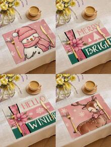 1 件/4 件/6 件冬季圣诞装饰餐垫，“你好冬天”，圣诞雪人与驯鹿亚麻餐垫，防尘垫，适用于家庭、餐厅、餐厅、餐桌装饰、家居摆设 - 彩色 - 查看 11