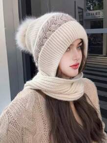 女士针织帽围巾套装，时尚百搭，保暖防风，适合秋冬季户外活动、滑雪、购物等场合，冬季配饰，冬季穿搭，情人节礼物