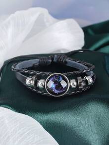 1 件时尚情侣手链，12 星座多层编织夜光朋克皮革星空手链 - 黑色 - 查看 21