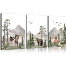 3 件野外冒险森林墙壁艺术帆布印刷品 - 木制框架，水彩鹿熊狐狸图片适用于男孩和女孩的房间装饰带框/无框 - 彩色 - 查看 12