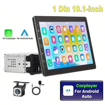 10.1 Inch HD Car Radio With Wired Carplay And Android Auto - Single Din Touchscreen Radio With Wired Mirror Link/FM Radio/AUX-In/SWC + 12 LED Rear View Camera & MIC