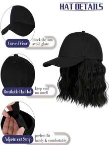 女士短波黑色棒球帽假发合成黑波浪假发帽可调节黑色棒球帽假发适合日常聚会 - 黑色 - 查看 3