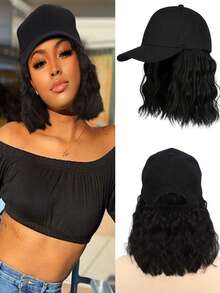 女士短波黑色棒球帽假发合成黑波浪假发帽可调节黑色棒球帽假发适合日常聚会 - 黑色 - 查看 1