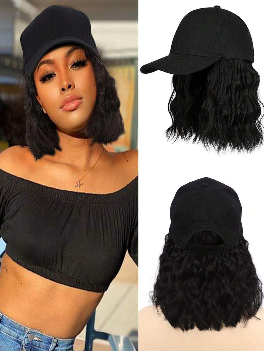 女士短波黑色棒球帽假发合成黑波浪假发帽可调节黑色棒球帽假发适合日常聚会 - 黑色 - 查看 1