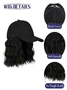 女士短波黑色棒球帽假发合成黑波浪假发帽可调节黑色棒球帽假发适合日常聚会 - 黑色 - 查看 4