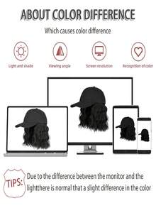 女士短波黑色棒球帽假发合成黑波浪假发帽可调节黑色棒球帽假发适合日常聚会 - 黑色 - 查看 6