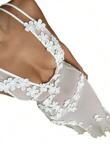 Women Sheer Mesh Sleeveless Dress Summer V Neck Flower Slit Party Dress For Cocktail Beach Club Streetwear - 白色 - 查看 4