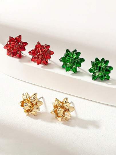3 对彩色金属花朵设计耳钉铁质珠宝优雅简约风格适合女性圣诞派对