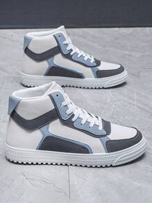 男士时尚简约休闲运动滑板鞋，高帮运动鞋，透气 - 藍色 - 查看 1