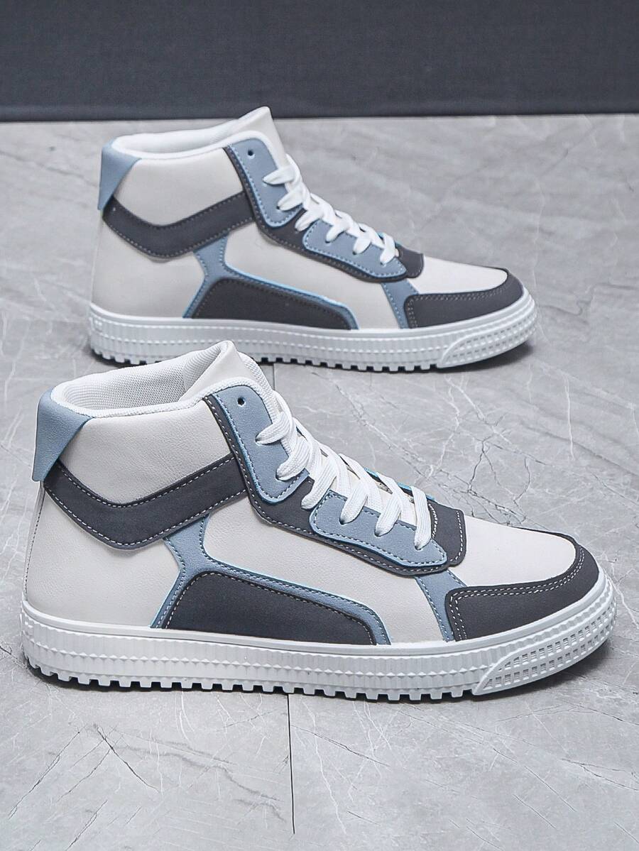 男士时尚简约休闲运动滑板鞋，高帮运动鞋，透气 - 藍色 - 查看 1