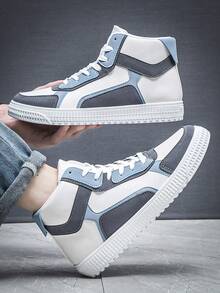 男士时尚简约休闲运动滑板鞋，高帮运动鞋，透气 - 藍色 - 查看 2