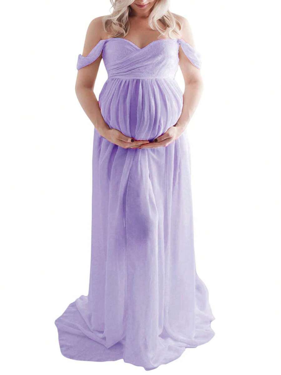 Maternity Dress For Photography Solid Color Off-Shoulder Chiffon Gown Front Split Long Pregnancy Dresses For Photoshoot - màu tím nhạt - Xem 1