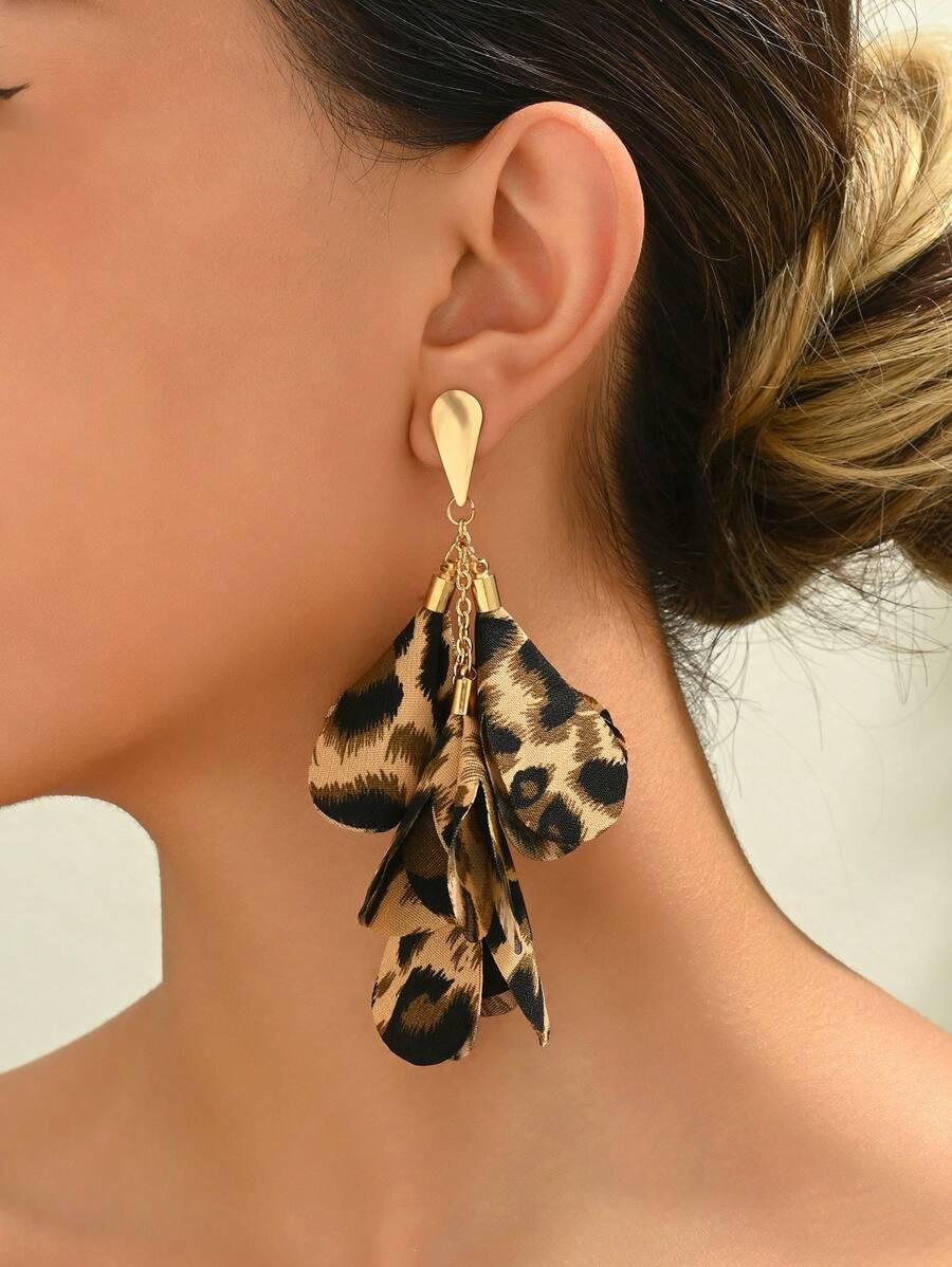 1 Pair Bohemian Style Leopard Print Flower Decor Pendant Earrings, Suitable For Women Party Everyday Wear Valentines,Mom,Mother,Mother's Day,Gift