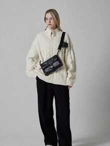 1 chiếc túi đeo chéo vuông PU màu trơn, thích hợp cho phụ nữ sử dụng hàng ngày - màu đen - Xem 3