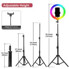 UEGOGO Đèn vòng selfie chuyên nghiệp 10 inch có chân đế - Cao 55,5 inch, 38 chế độ màu, Làm mờ vô cấp, Đèn LED tốc độ, Chân đế ba chân, Thích hợp cho iPhone, Android, Trang điểm, Quay video, Phát trực tiếp, Nhiếp ảnh, Chân đế điện thoại di động, Tiệc ngày lễ, Quà tặng Giáng sinh Đèn LED có chân đế ba chân linh hoạt & Giá đỡ điện thoại để chụp ảnh tự sướng Quay video Cuộc họp thu phóng - màu đen - Xem 2