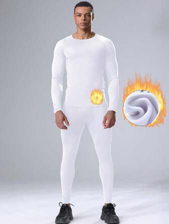 2 件套男友风格男士保暖运动套装、保暖内衬健身服、长袖打底衫和紧身健身套装